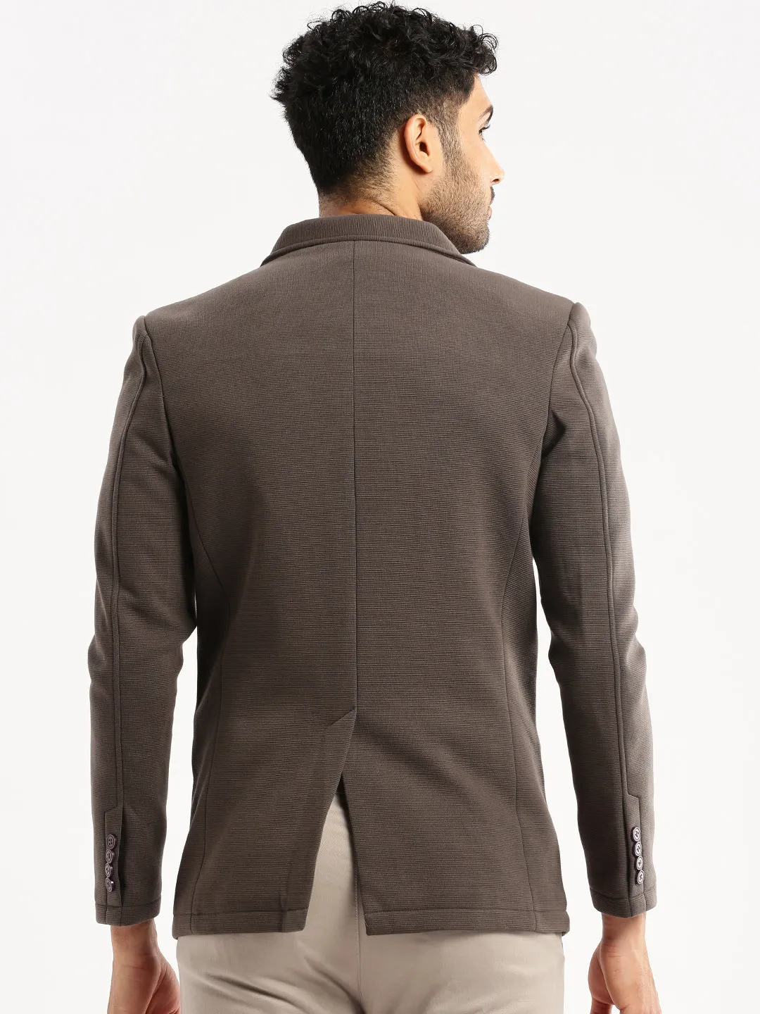 Men Grey Single-Breasted Corduroy Slim-Fit Blazer
