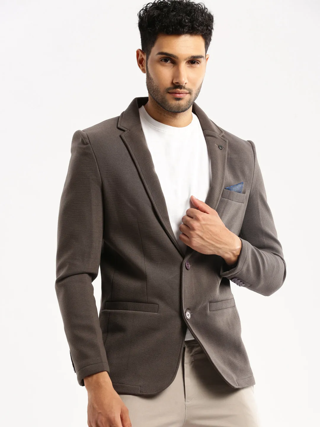 Men Grey Single-Breasted Corduroy Slim-Fit Blazer