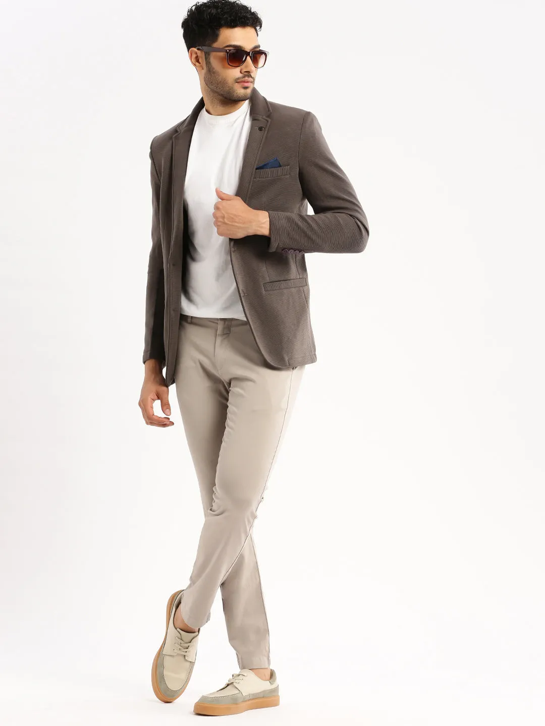 Men Grey Single-Breasted Corduroy Slim-Fit Blazer