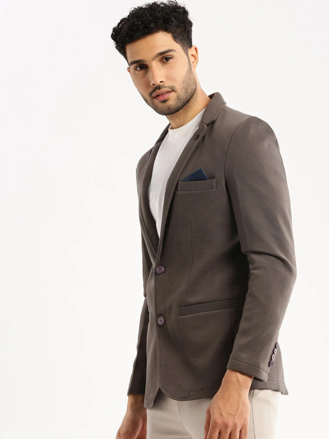 Men Grey Single-Breasted Corduroy Slim-Fit Blazer