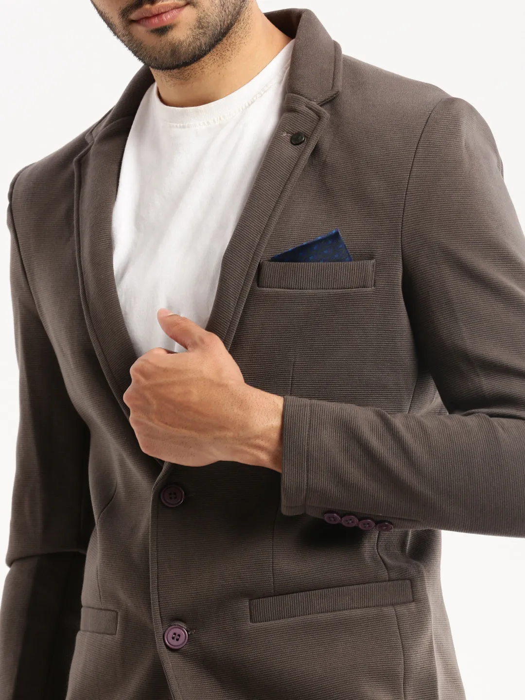 Men Grey Single-Breasted Corduroy Slim-Fit Blazer
