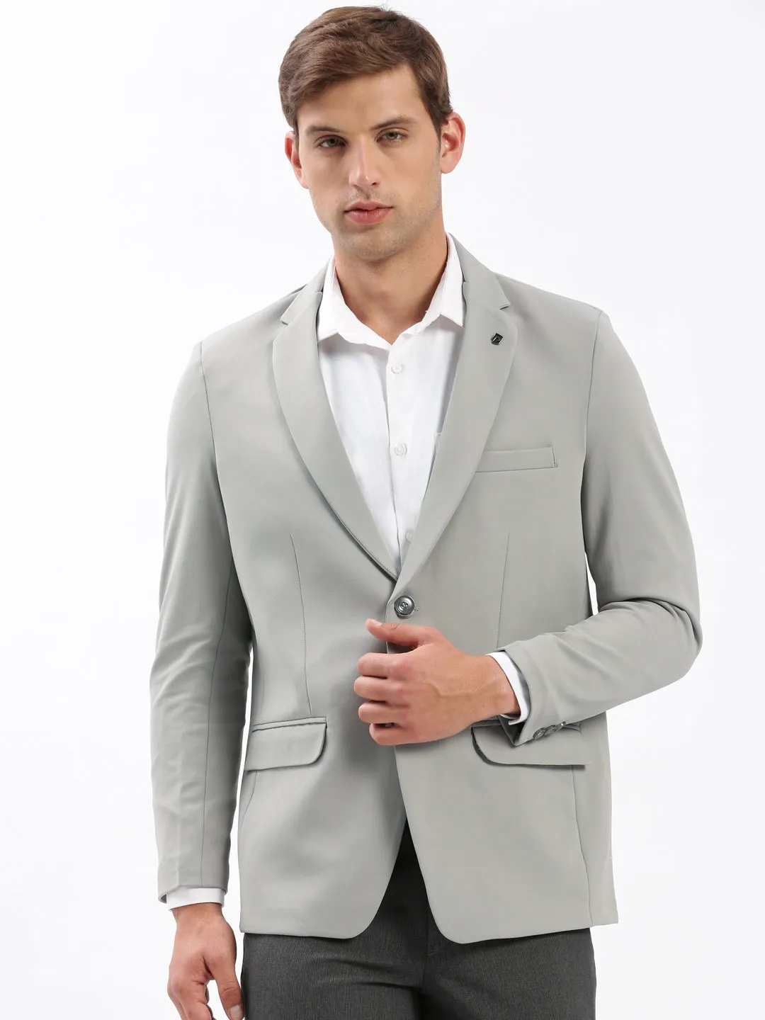 Men Grey Slim Fit Notched Lapel Single-Breasted Casual Blazer