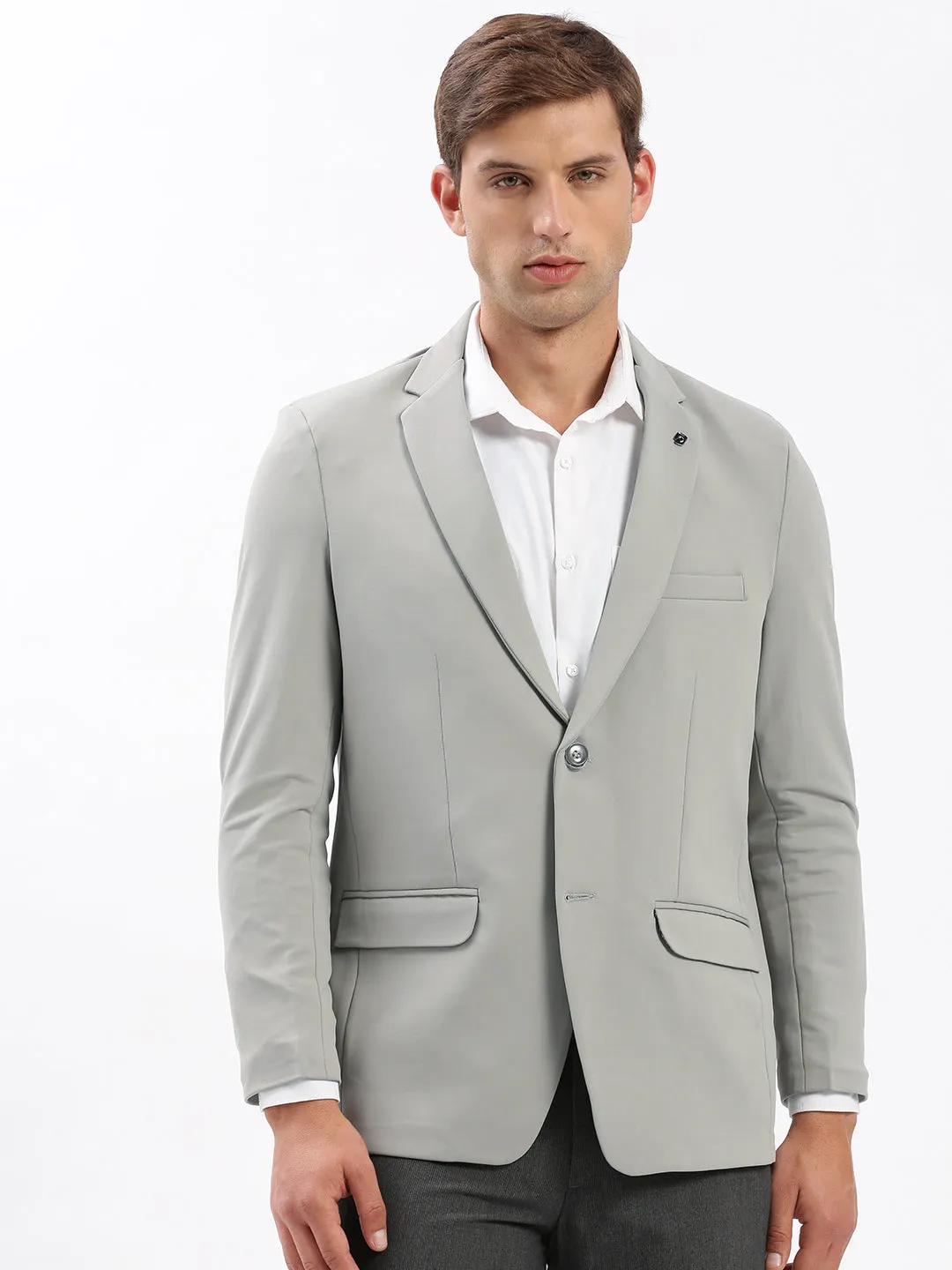 Men Grey Slim Fit Notched Lapel Single-Breasted Casual Blazer