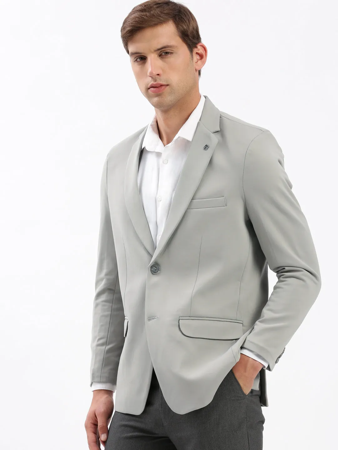 Men Grey Slim Fit Notched Lapel Single-Breasted Casual Blazer