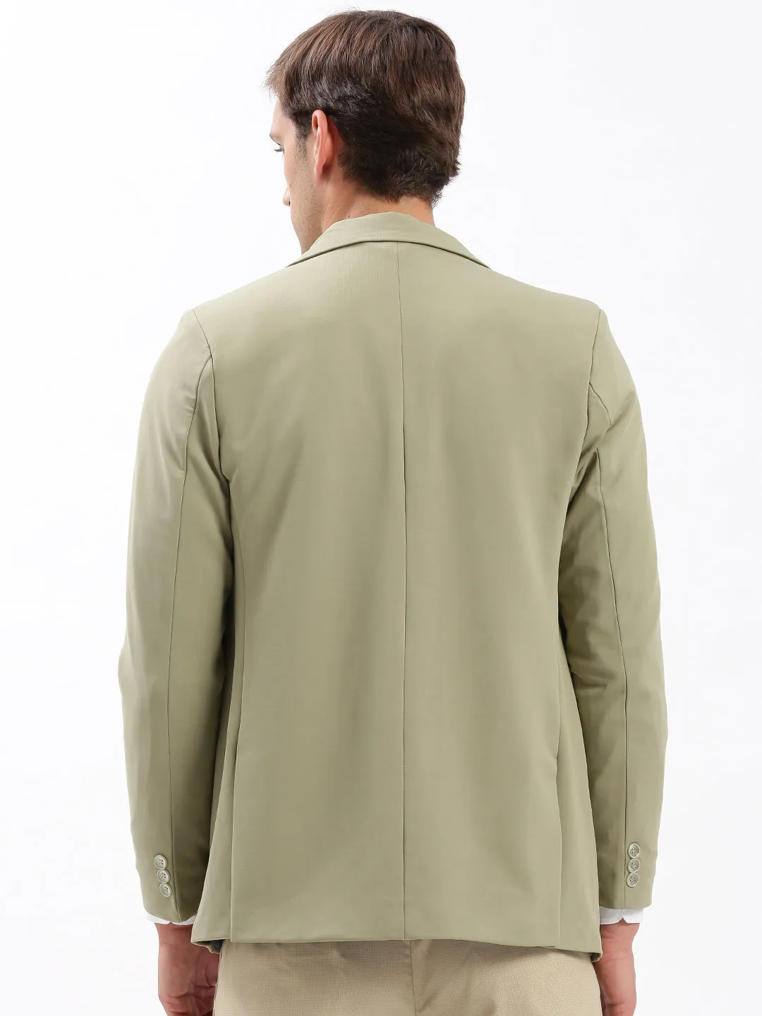 Men Khaki Slim-Fit Notched Lapel Chambray Single Breasted Blazer