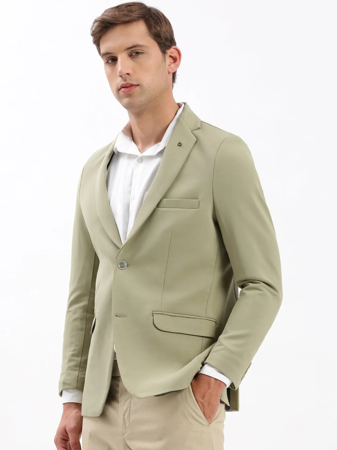 Men Khaki Slim-Fit Notched Lapel Chambray Single Breasted Blazer