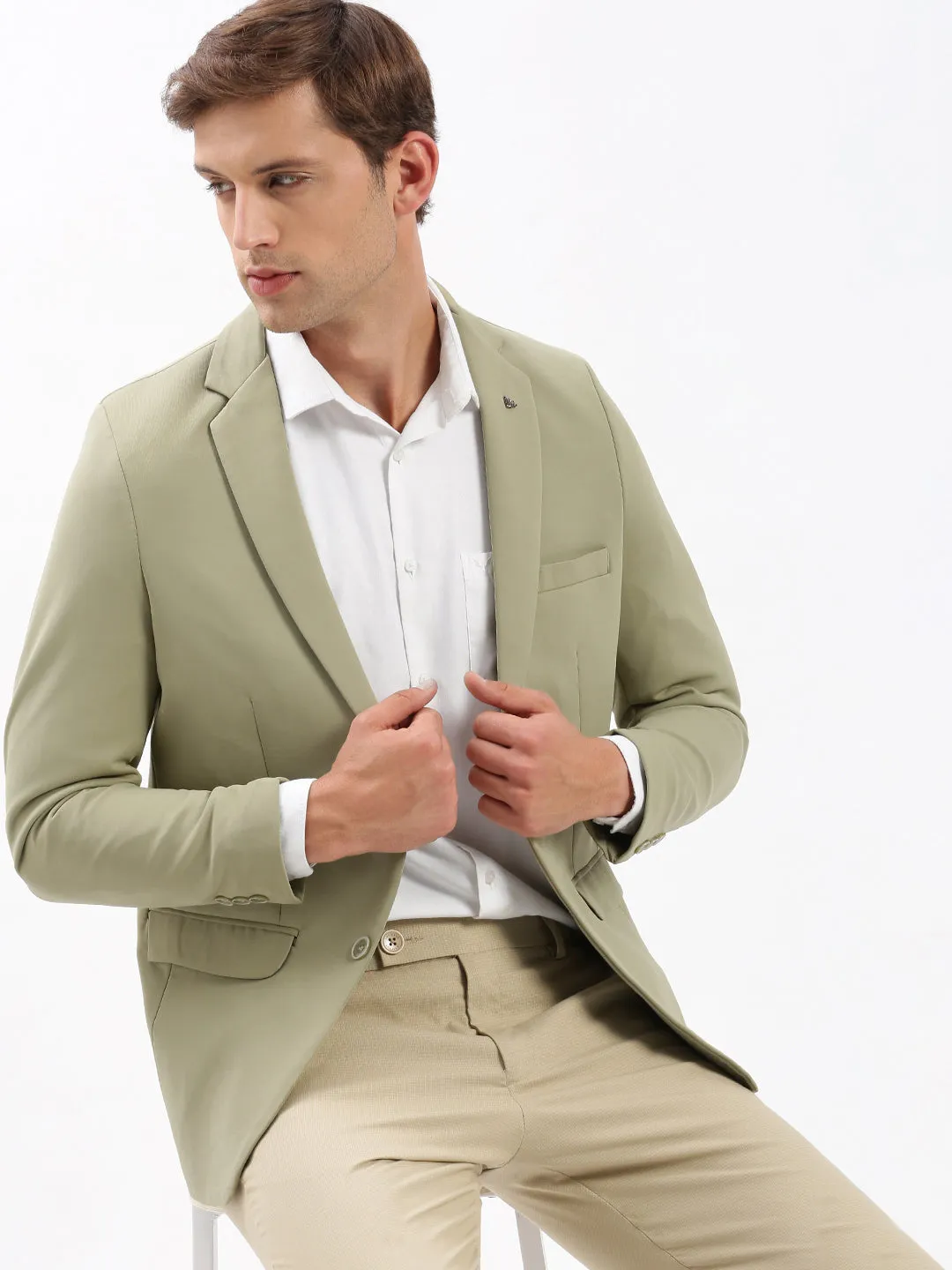 Men Khaki Slim-Fit Notched Lapel Chambray Single Breasted Blazer