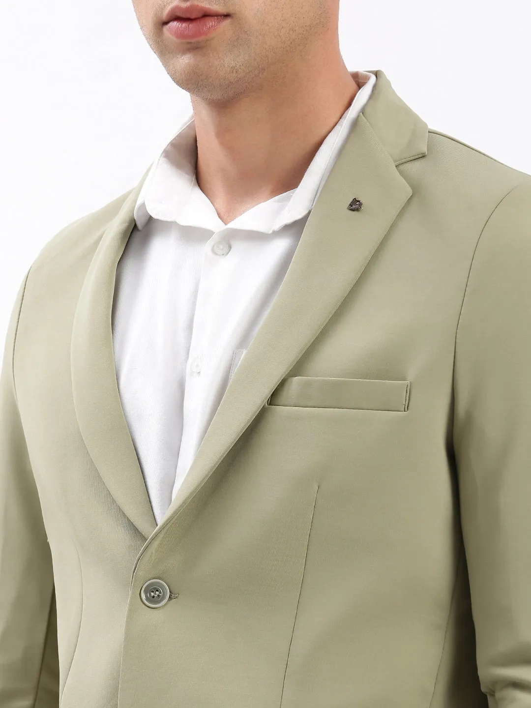 Men Khaki Slim-Fit Notched Lapel Chambray Single Breasted Blazer
