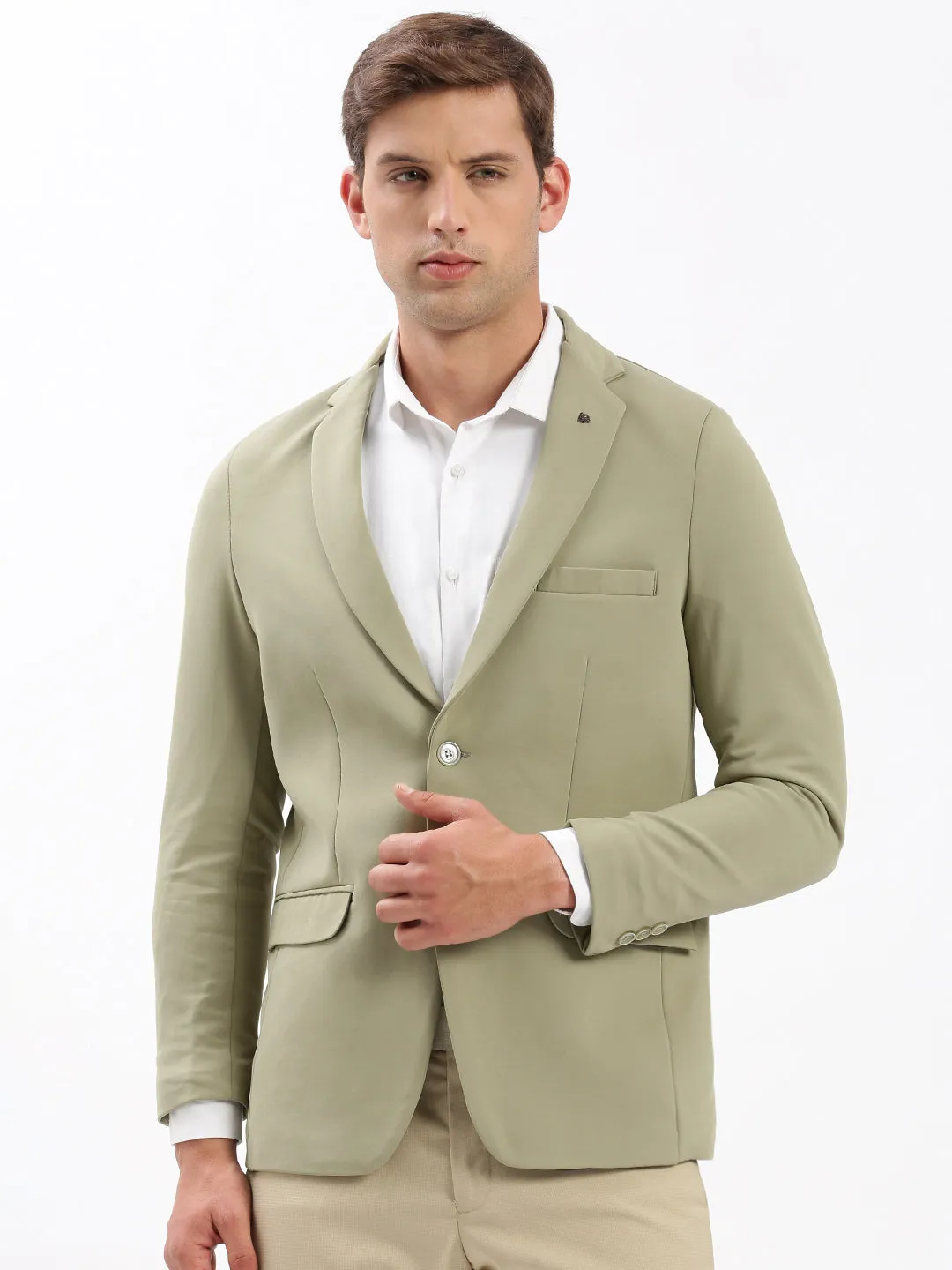 Men Khaki Slim-Fit Notched Lapel Chambray Single Breasted Blazer