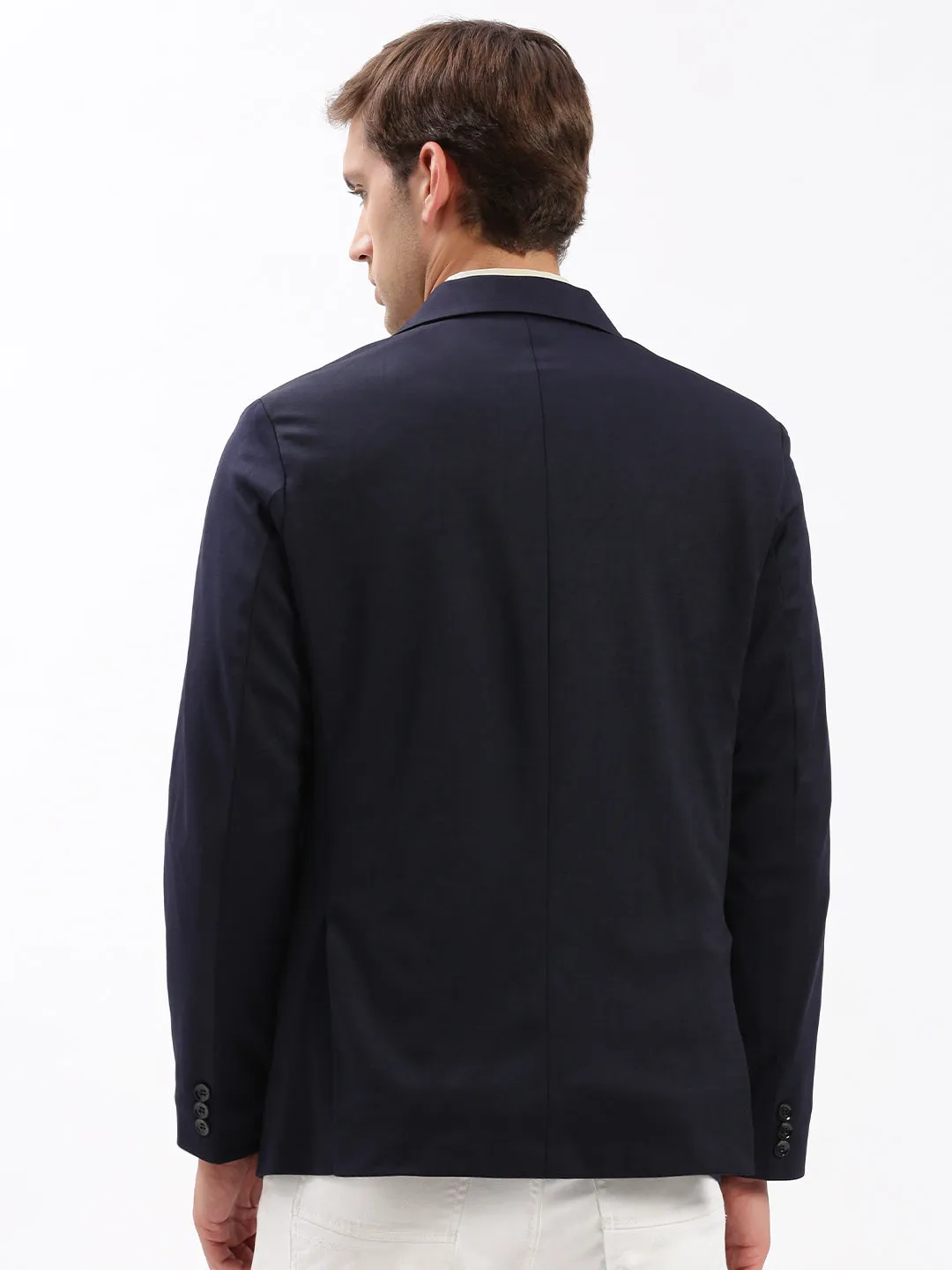 Men Navy Blue Slim-Fit Notched Lapel Single Breasted Blazer