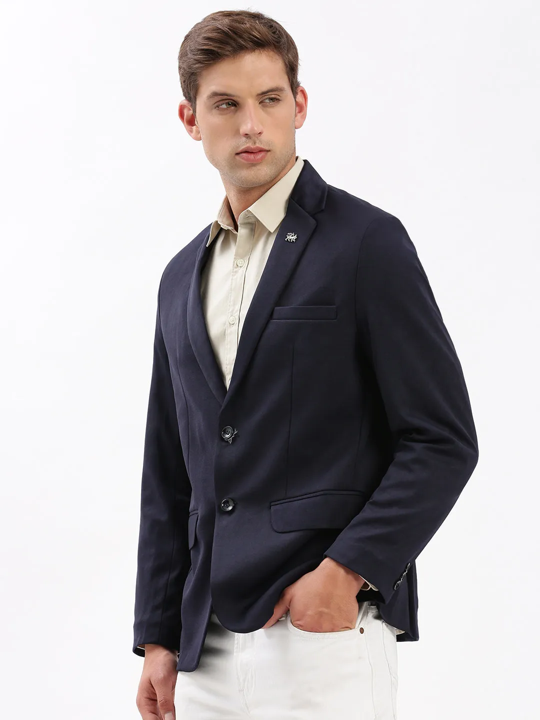 Men Navy Blue Slim-Fit Notched Lapel Single Breasted Blazer