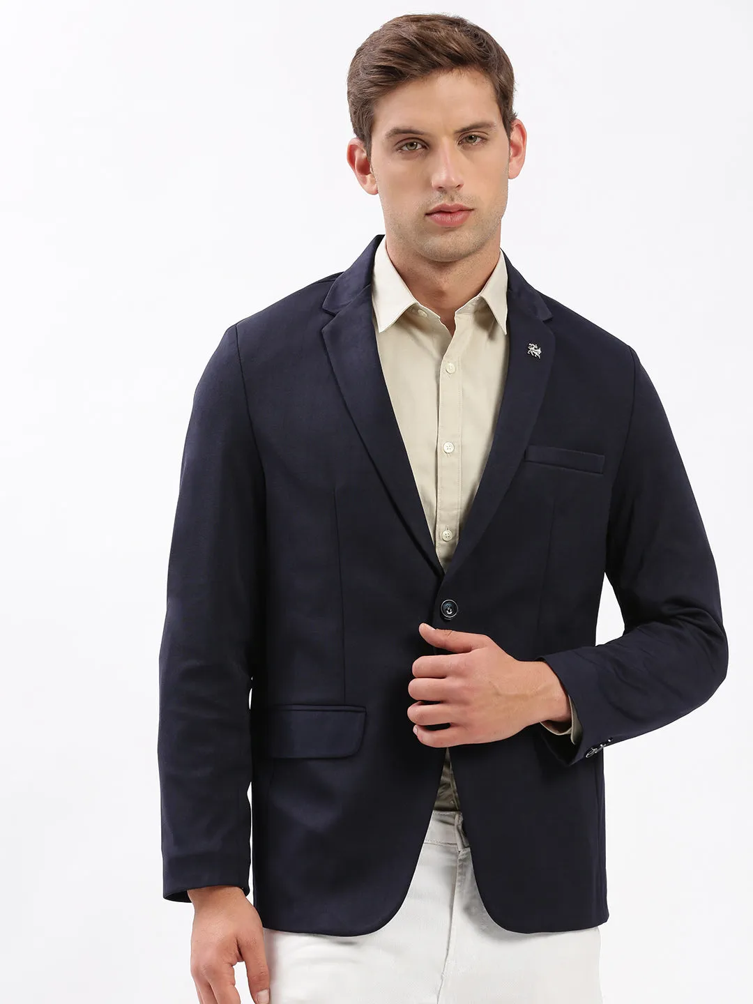 Men Navy Blue Slim-Fit Notched Lapel Single Breasted Blazer