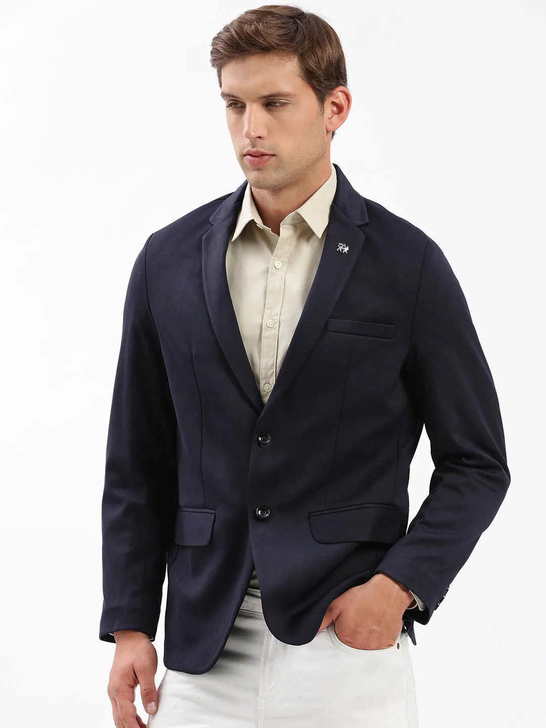 Men Navy Blue Slim-Fit Notched Lapel Single Breasted Blazer