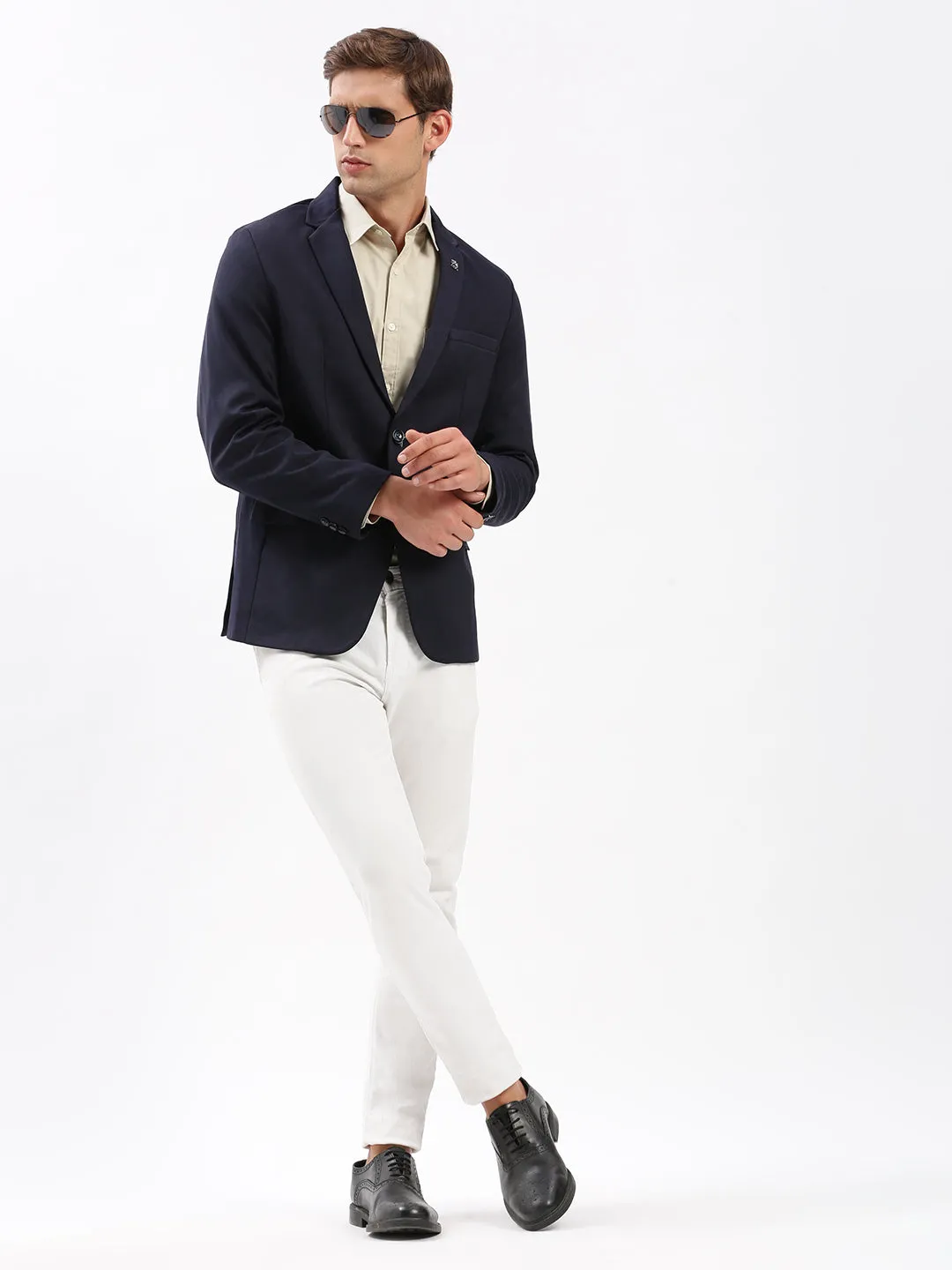 Men Navy Blue Slim-Fit Notched Lapel Single Breasted Blazer
