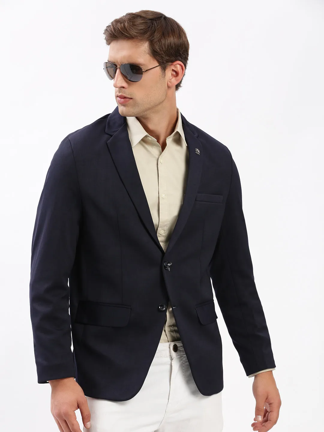 Men Navy Blue Slim-Fit Notched Lapel Single Breasted Blazer