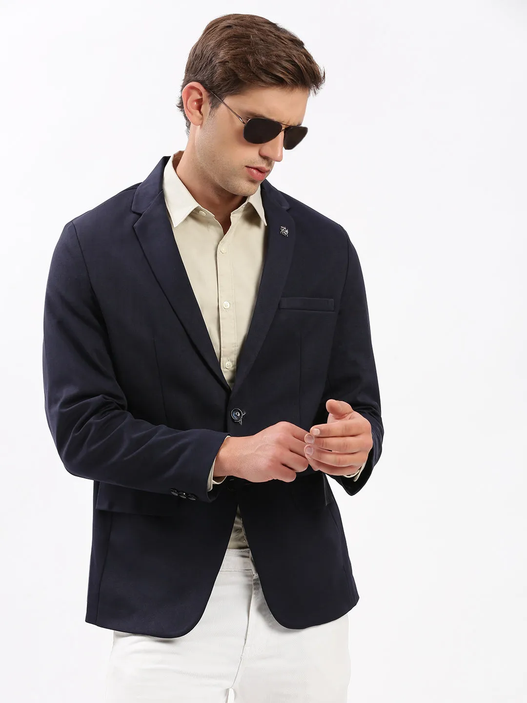 Men Navy Blue Slim-Fit Notched Lapel Single Breasted Blazer