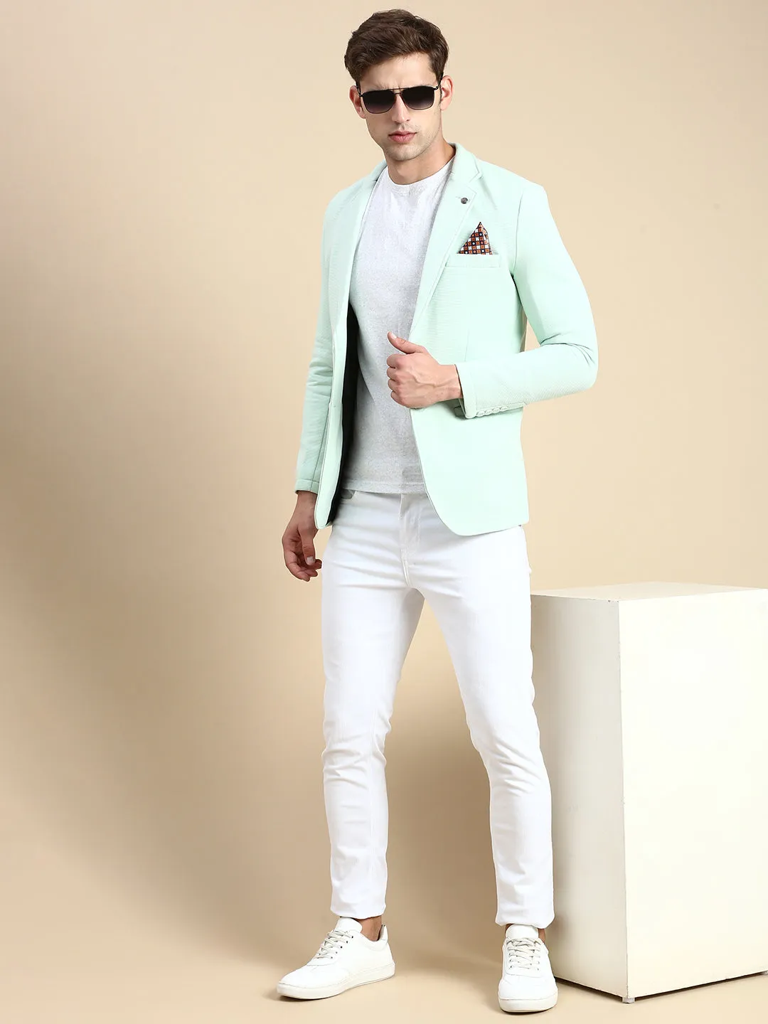 Men Sea Green Slim-Fit Single Breasted Blazer