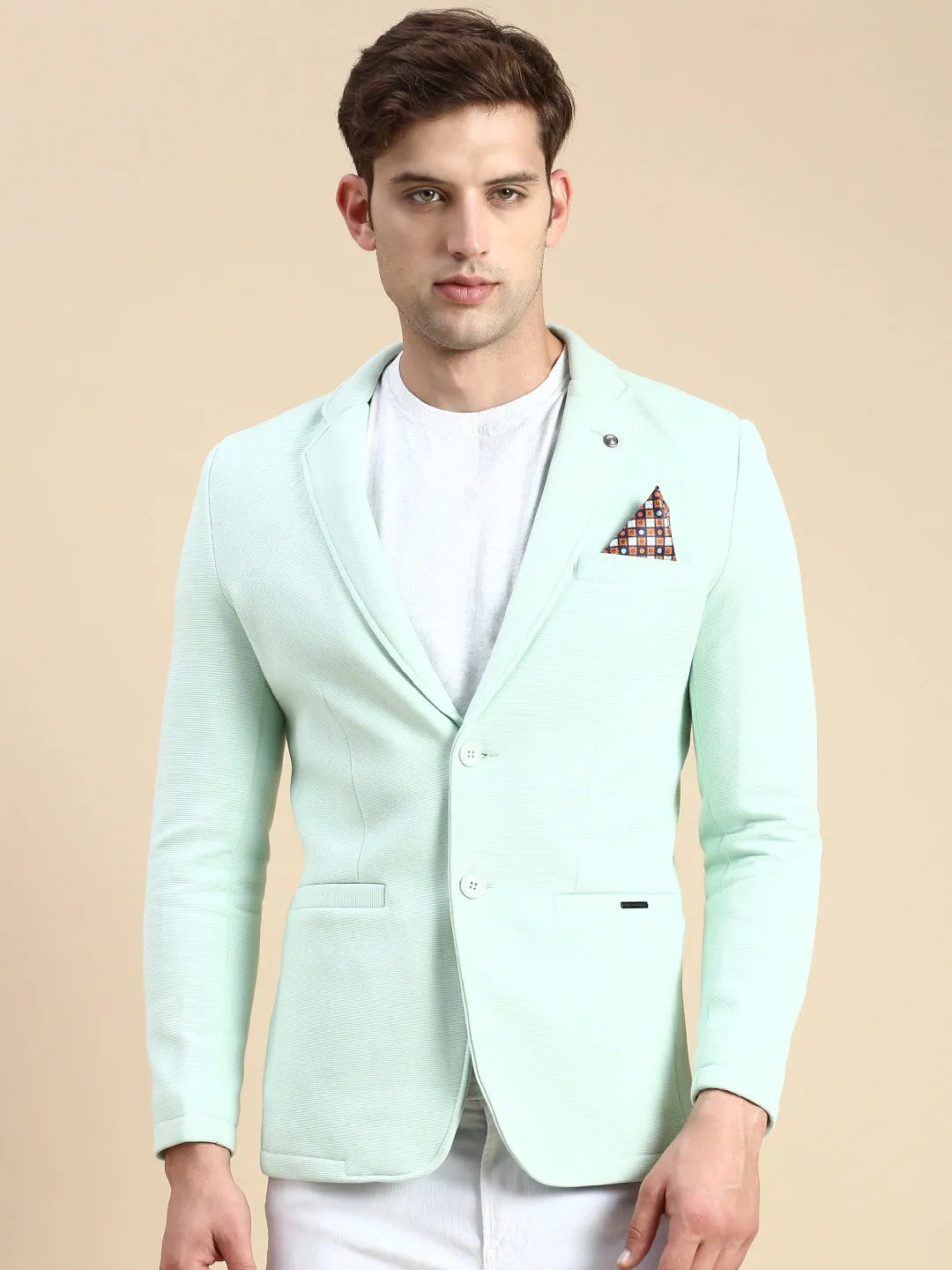 Men Sea Green Slim-Fit Single Breasted Blazer