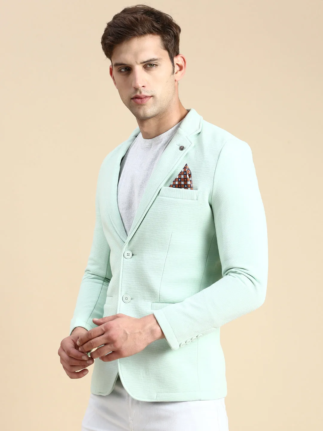 Men Sea Green Slim-Fit Single Breasted Blazer