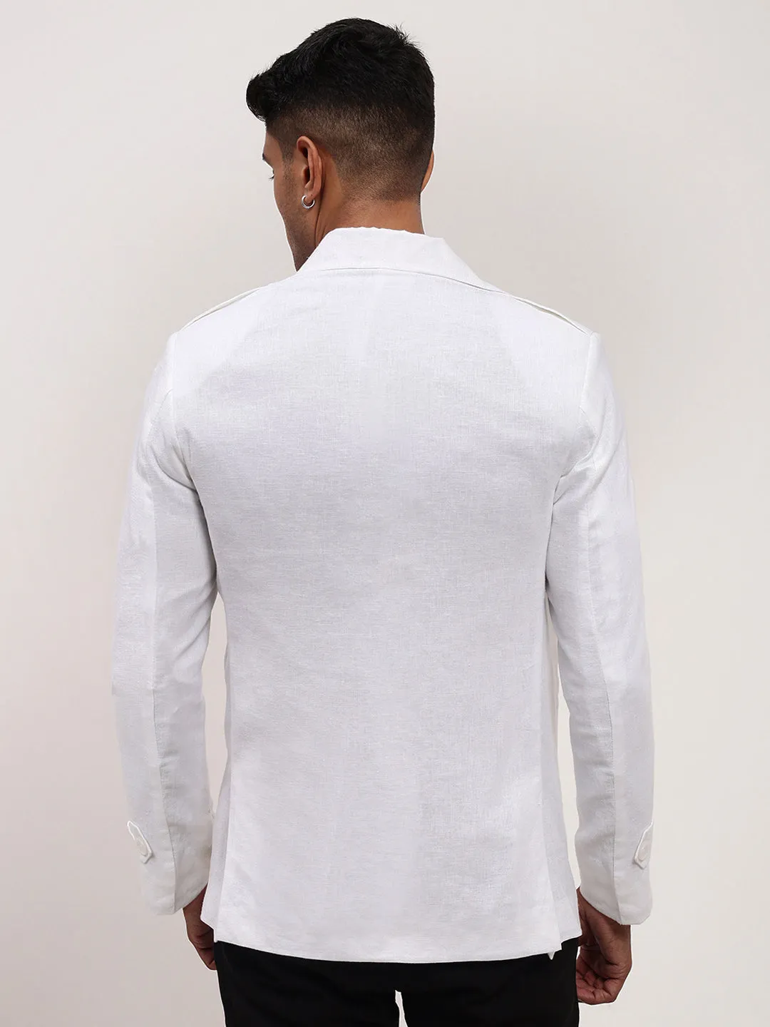 Men White Slim-Fit Notched Lapel Single-Breasted Cotton Blazer