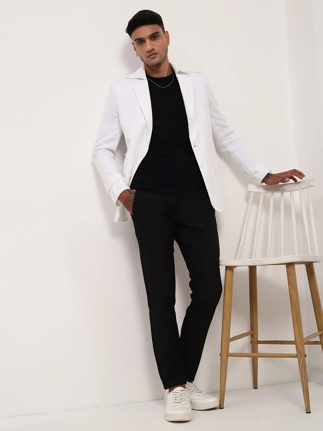Men White Slim-Fit Notched Lapel Single-Breasted Cotton Blazer