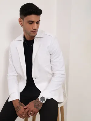 Men White Slim-Fit Notched Lapel Single-Breasted Cotton Blazer