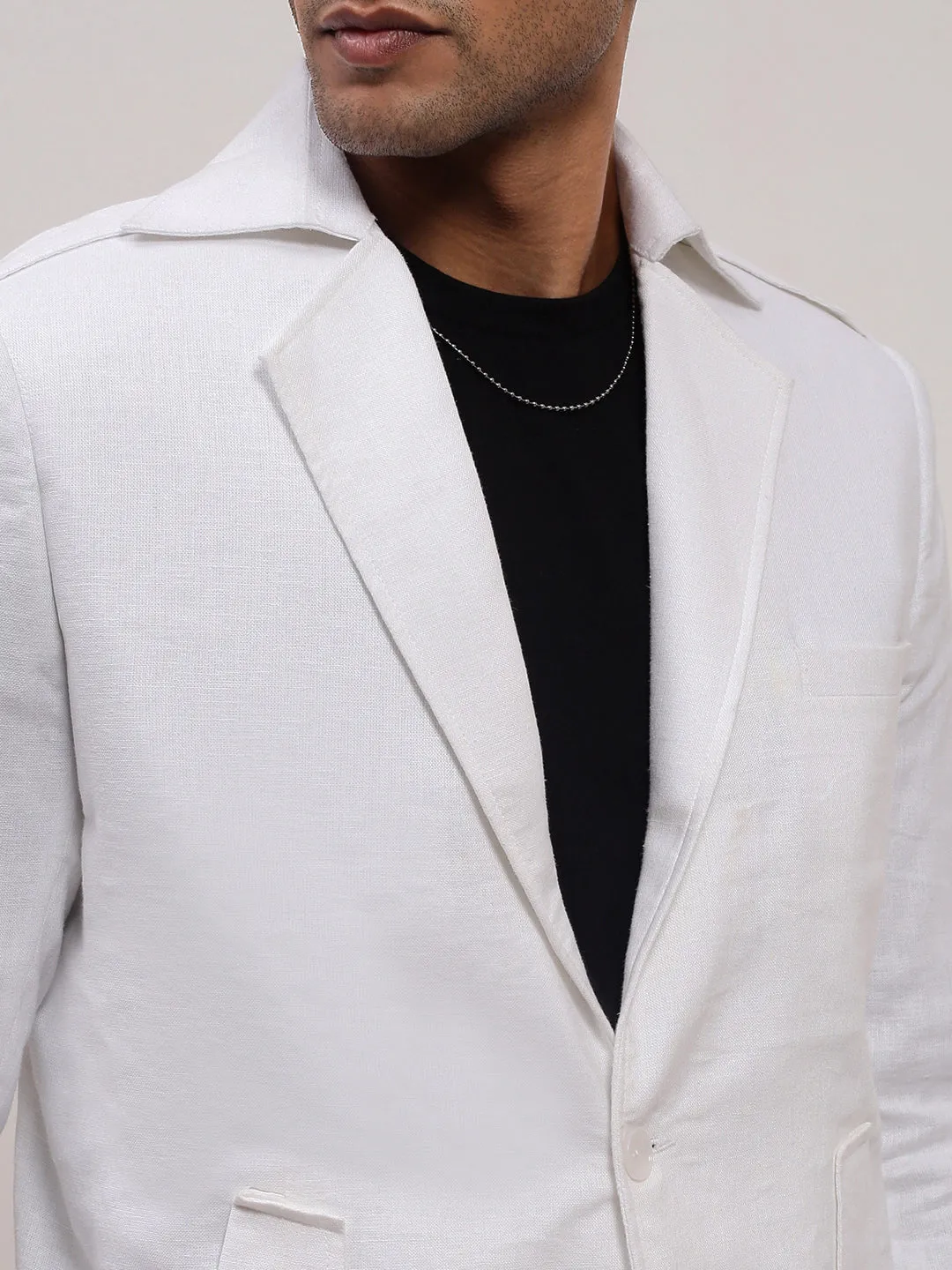 Men White Slim-Fit Notched Lapel Single-Breasted Cotton Blazer