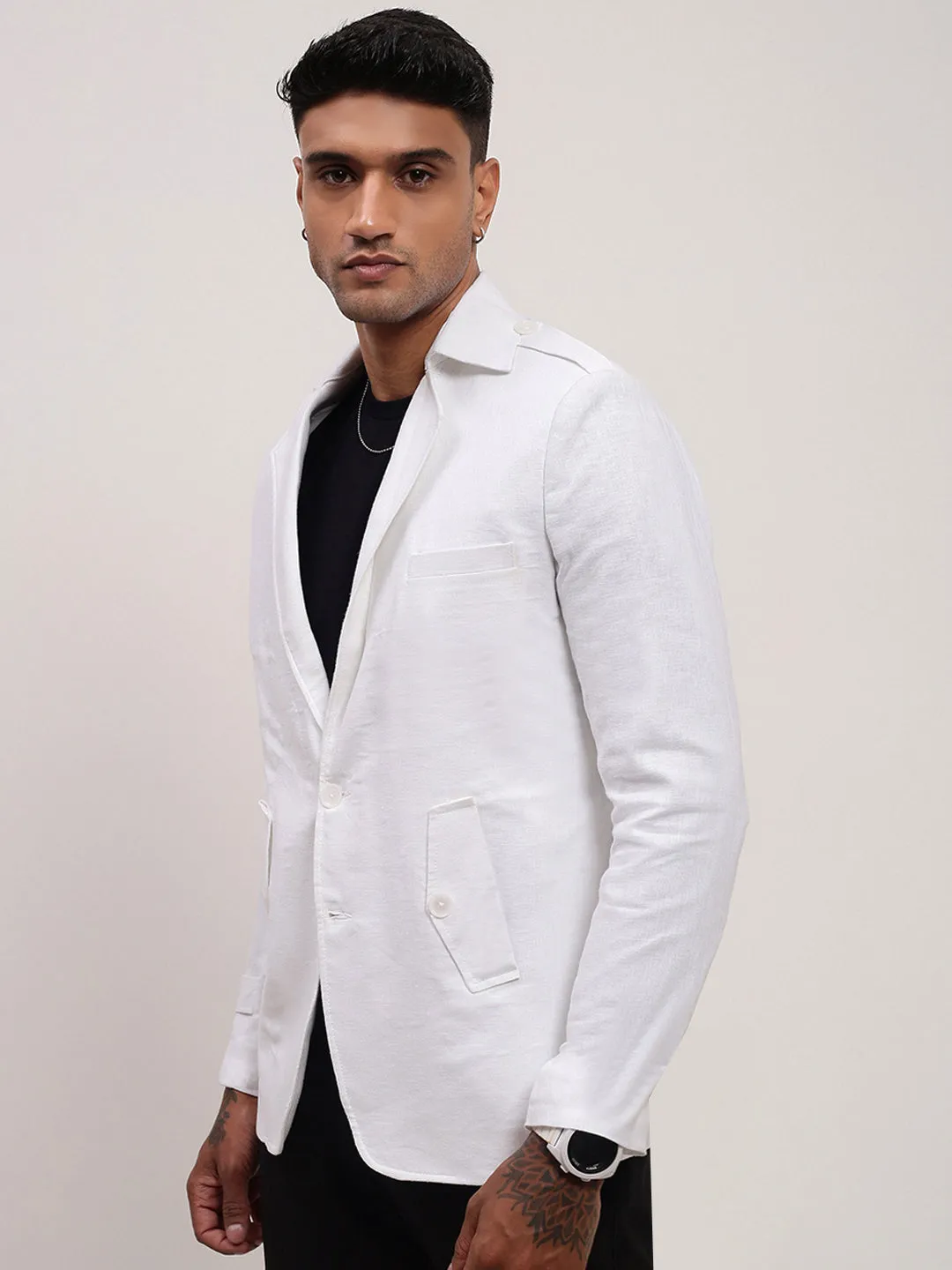Men White Slim-Fit Notched Lapel Single-Breasted Cotton Blazer
