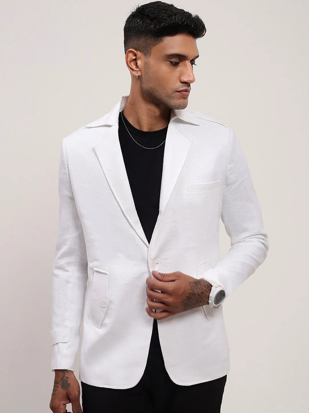 Men White Slim-Fit Notched Lapel Single-Breasted Cotton Blazer