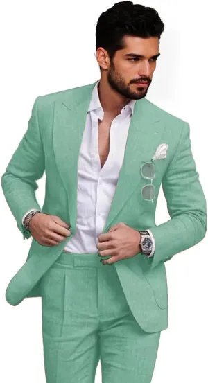 Mens Linen Suits 2 Piece Slim Fit Linen Suit for Men Retro Mens Suits for Beach Wedding Prom Suit Blazer Pants Set