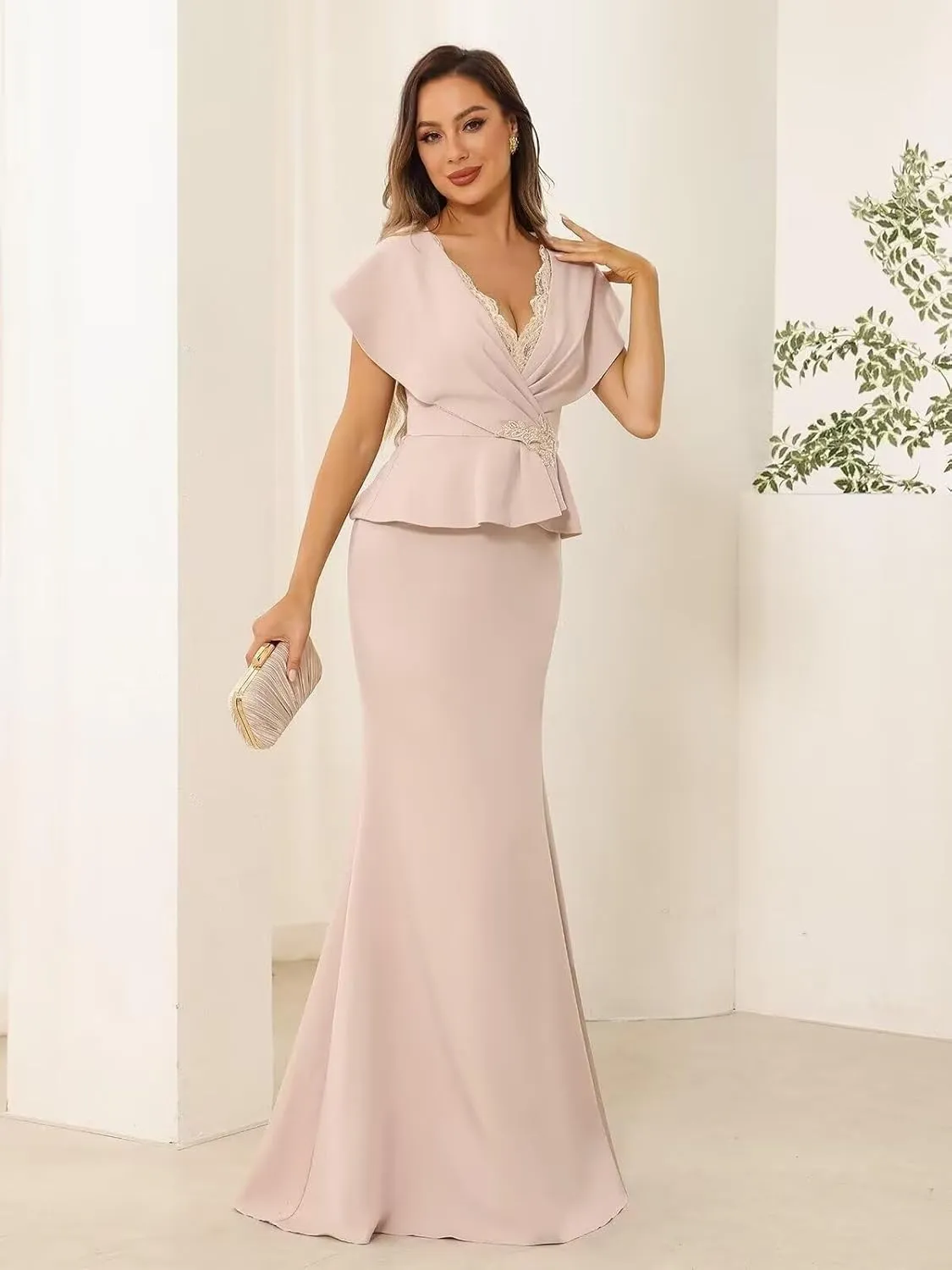 Mermaid Mother of The Bride Dresses for Wedding Chiffon V Neck Formal Evening Gown