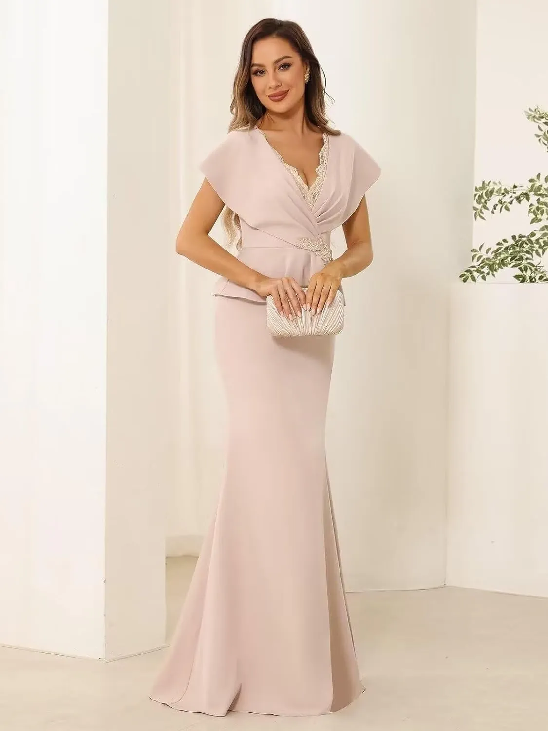 Mermaid Mother of The Bride Dresses for Wedding Chiffon V Neck Formal Evening Gown