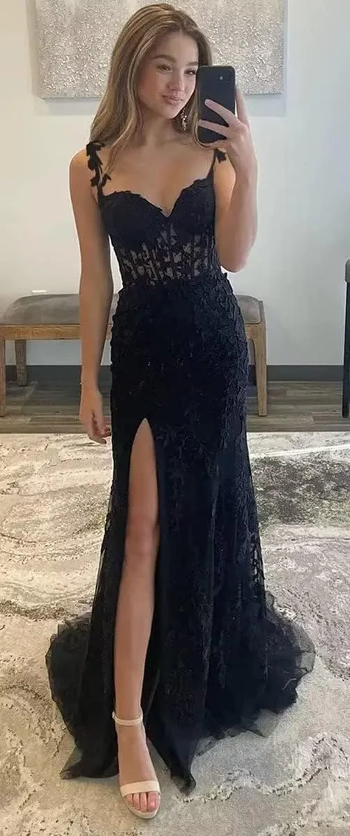 Mermaid Prom Dress for Women Long Tulle V Neck Lace Appliques Spaghetti Straps Formal Evening Party Gowns with Slit
