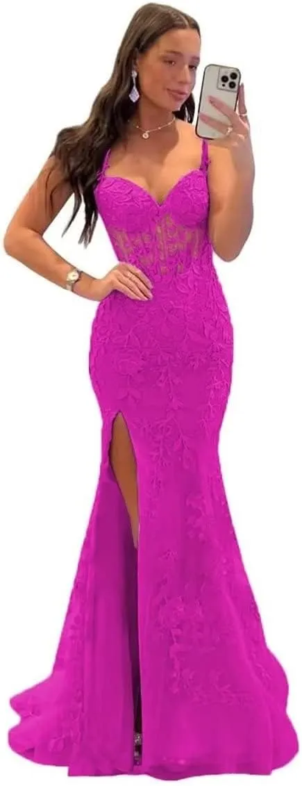 Mermaid Prom Dress for Women Long Tulle V Neck Lace Appliques Spaghetti Straps Formal Evening Party Gowns with Slit