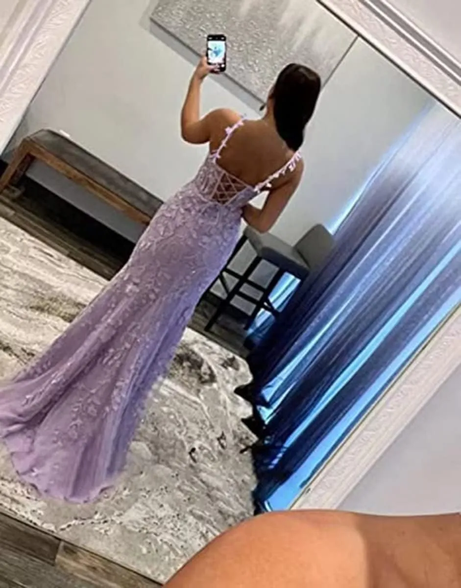 Mermaid Prom Dress for Women Long Tulle V Neck Lace Appliques Spaghetti Straps Formal Evening Party Gowns with Slit