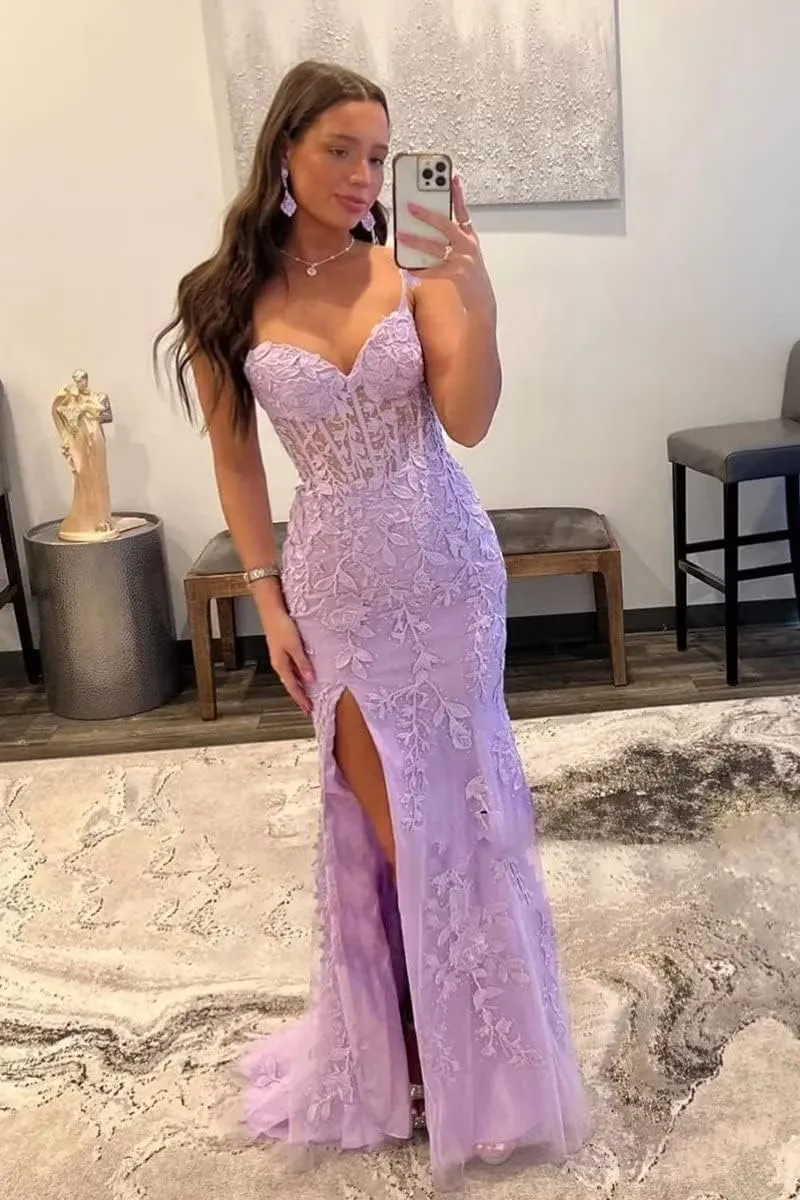 Mermaid Prom Dress for Women Long Tulle V Neck Lace Appliques Spaghetti Straps Formal Evening Party Gowns with Slit