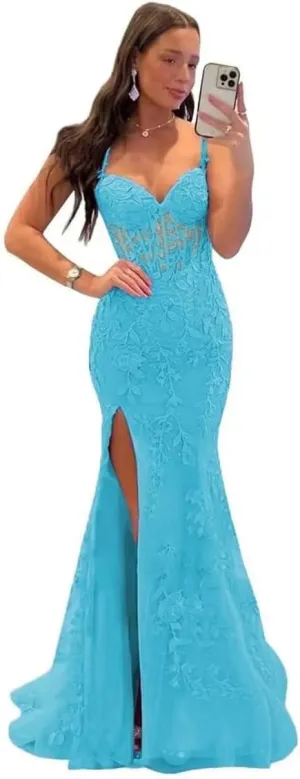 Mermaid Prom Dress for Women Long Tulle V Neck Lace Appliques Spaghetti Straps Formal Evening Party Gowns with Slit