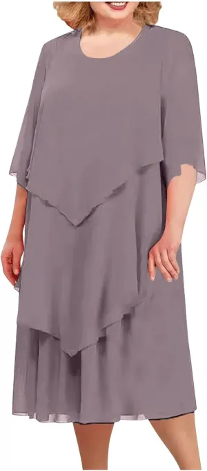 Mother of The Bride Dresses for Wedding 2025 Plus Size 3/4 Sleeve Crewneck Solid Tiered Chiffon Casual Midi Dress