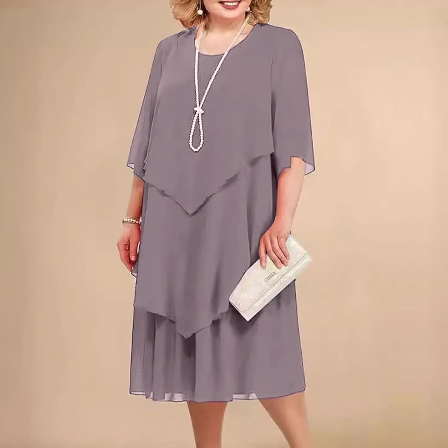 Mother of The Bride Dresses for Wedding 2025 Plus Size 3/4 Sleeve Crewneck Solid Tiered Chiffon Casual Midi Dress