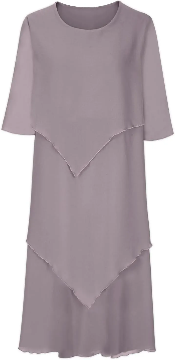 Mother of The Bride Dresses for Wedding 2025 Plus Size 3/4 Sleeve Crewneck Solid Tiered Chiffon Casual Midi Dress