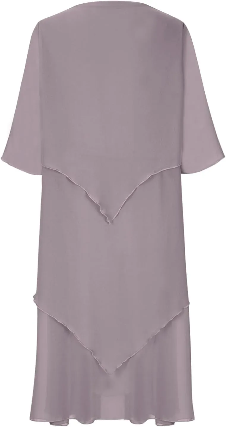 Mother of The Bride Dresses for Wedding 2025 Plus Size 3/4 Sleeve Crewneck Solid Tiered Chiffon Casual Midi Dress