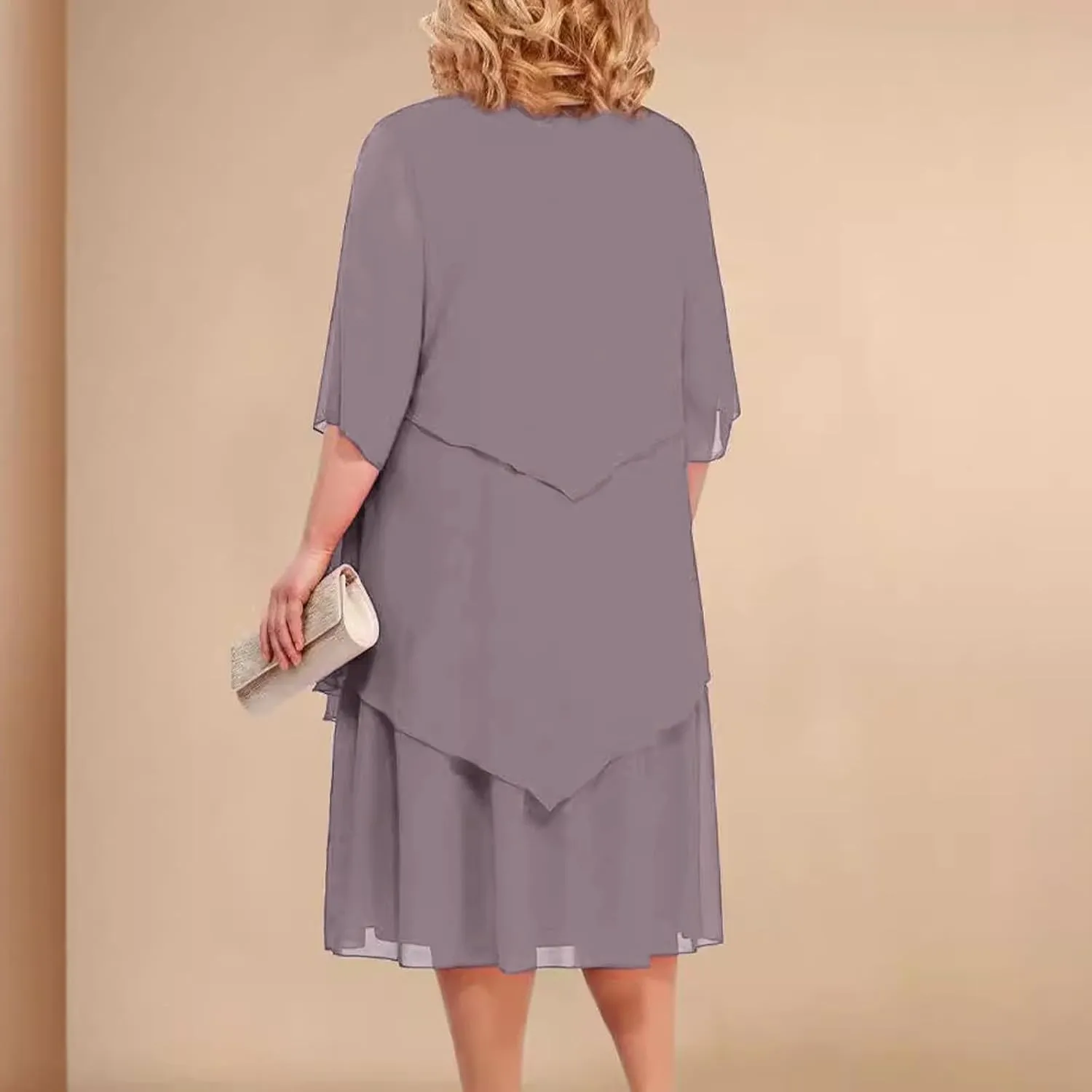 Mother of The Bride Dresses for Wedding 2025 Plus Size 3/4 Sleeve Crewneck Solid Tiered Chiffon Casual Midi Dress