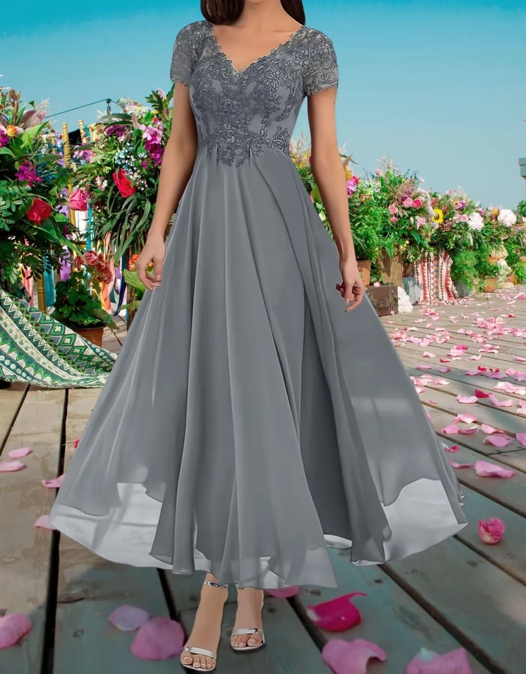 Mother of The Bride Dresses for Wedding Lace Appliques Formal Evening Party Prom Gown Chiffon Short Sleeve A-Line 2024