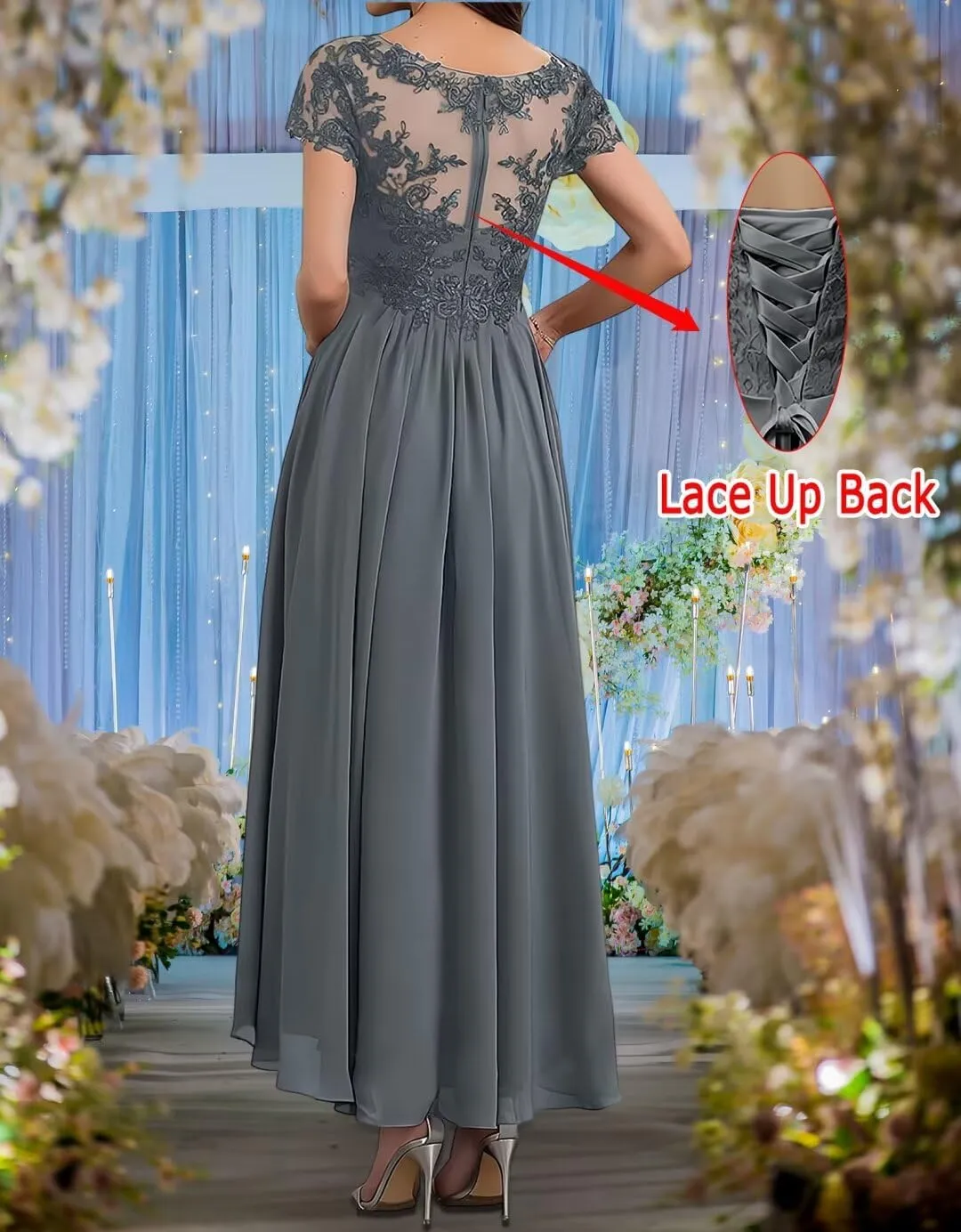 Mother of The Bride Dresses for Wedding Lace Appliques Formal Evening Party Prom Gown Chiffon Short Sleeve A-Line 2024
