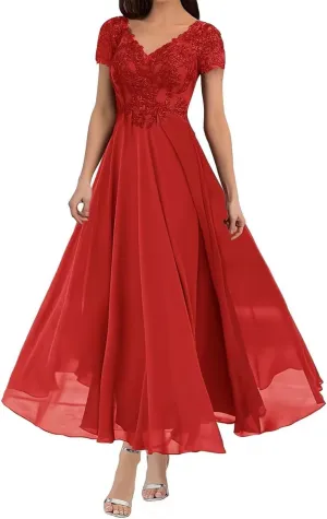Mother of The Bride Dresses for Wedding Lace Appliques Formal Evening Party Prom Gown Chiffon Short Sleeve A-Line 2024