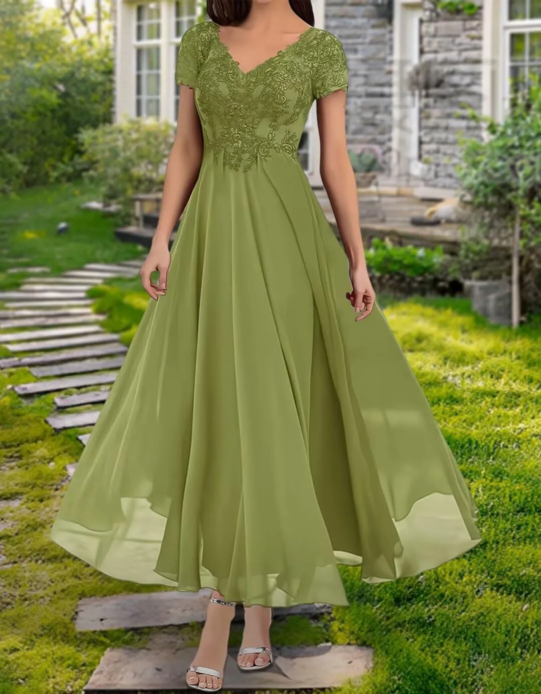 Mother of The Bride Dresses for Wedding Lace Appliques Formal Evening Party Prom Gown Chiffon Short Sleeve A-Line 2024