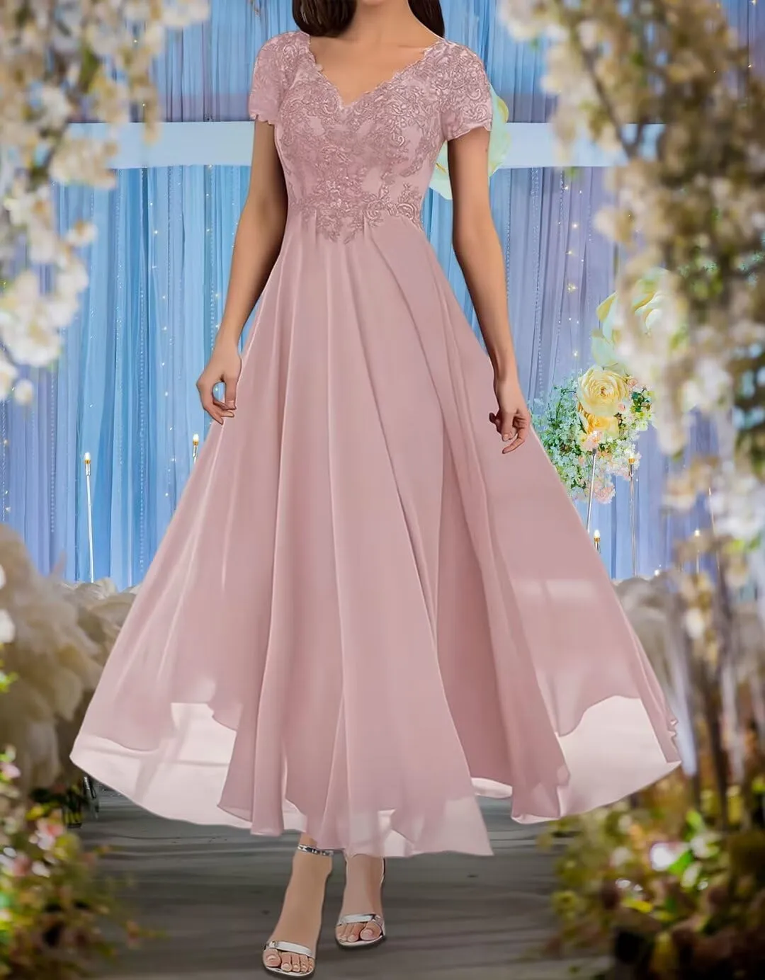 Mother of The Bride Dresses for Wedding Lace Appliques Formal Evening Party Prom Gown Chiffon Short Sleeve A-Line 2024