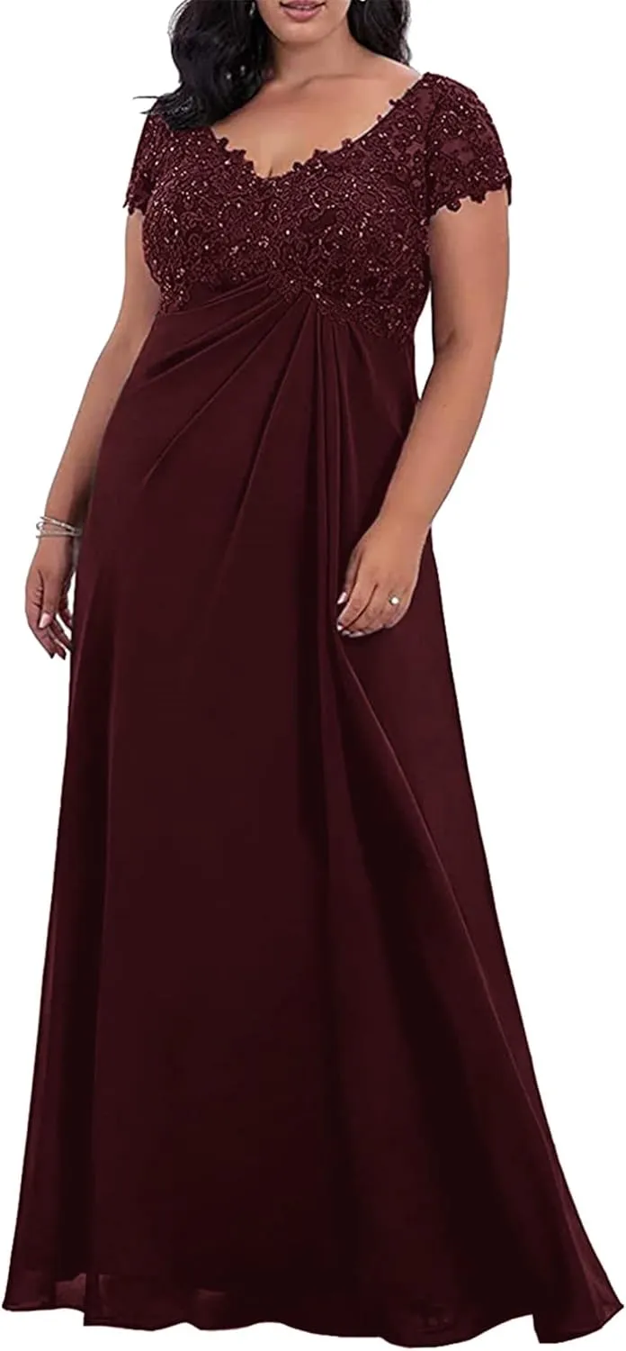 Mother of The Bride Dresses for Wedding V-Neck with Lace Appliques Long Chiffon Formal Evening Gowns for Women