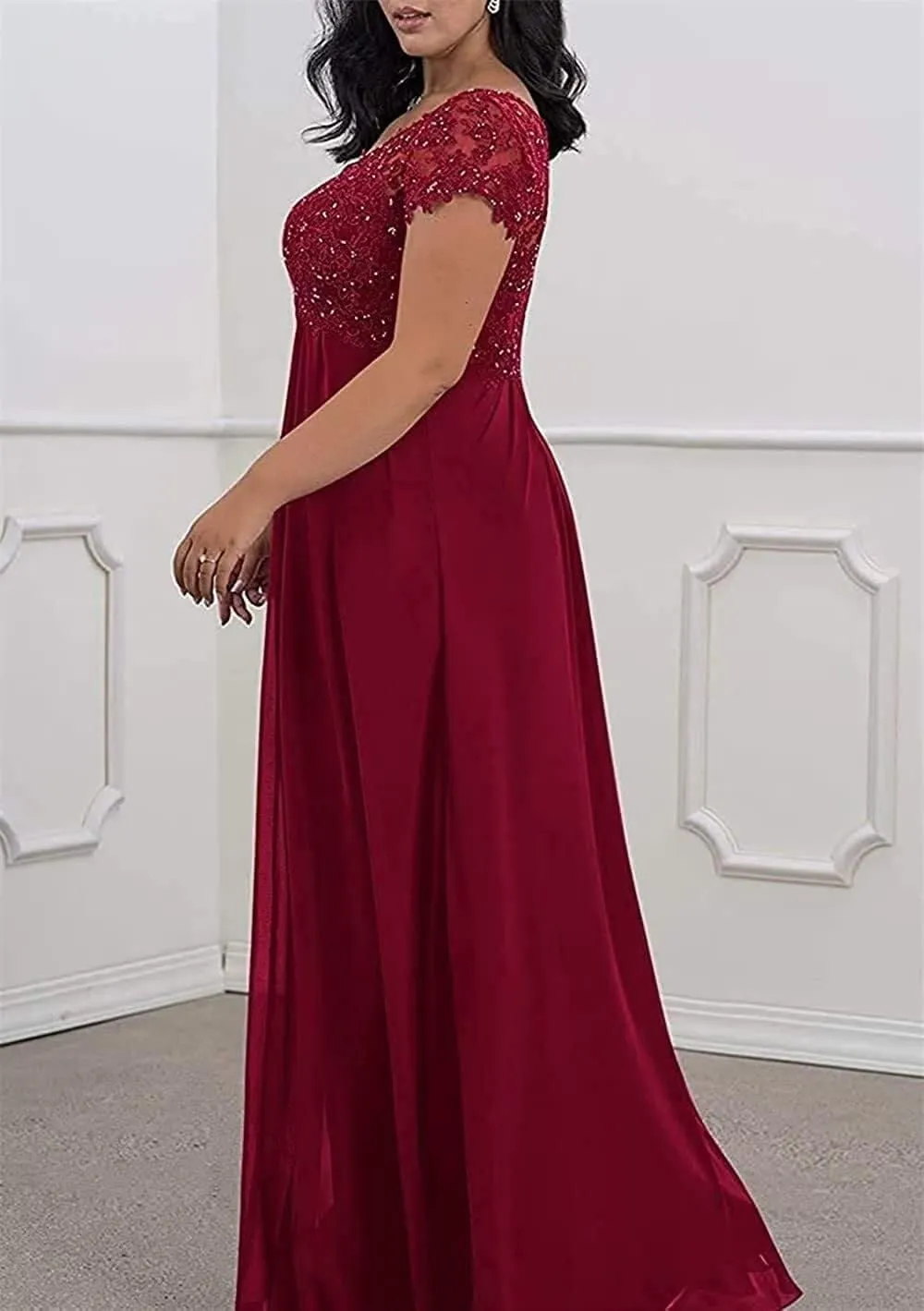 Mother of The Bride Dresses for Wedding V-Neck with Lace Appliques Long Chiffon Formal Evening Gowns for Women