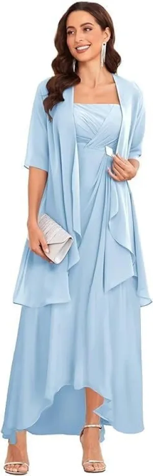 Mother of The Bride Dresses with Jacket 2 Pieces Half Sleeve Tea Length Chiffon Mother Groom Dresses